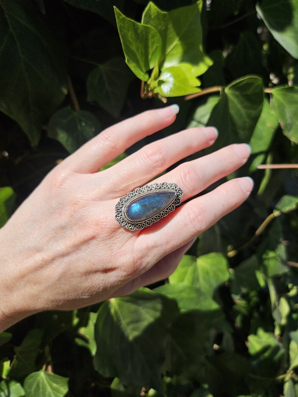 Sterling Silver Teardrop Bohemian Blue Labradorite Statement Ring Size 8 1/4